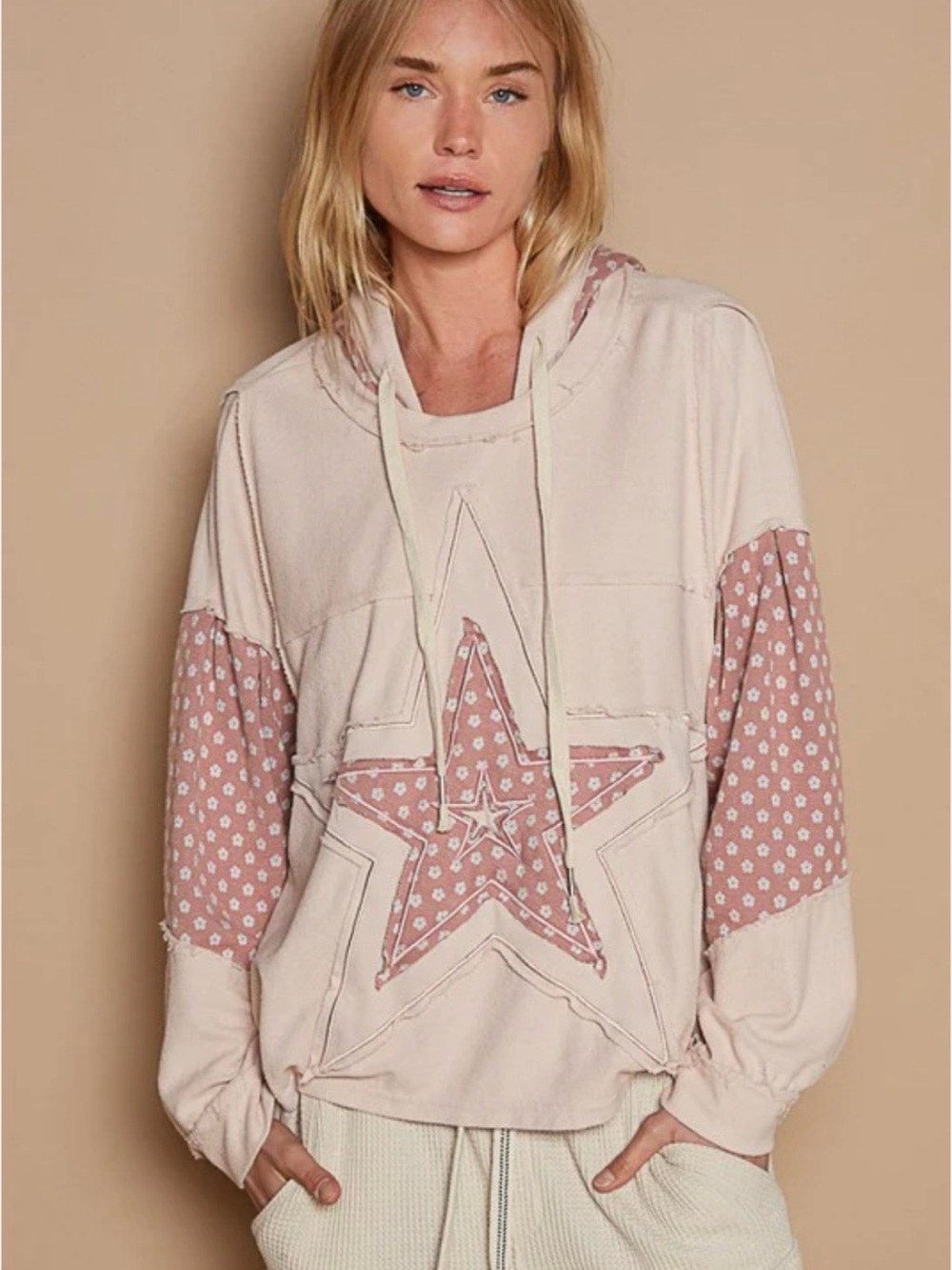 POL Star Patchwork Drawstring Hoodie - Blush Pink & mauve